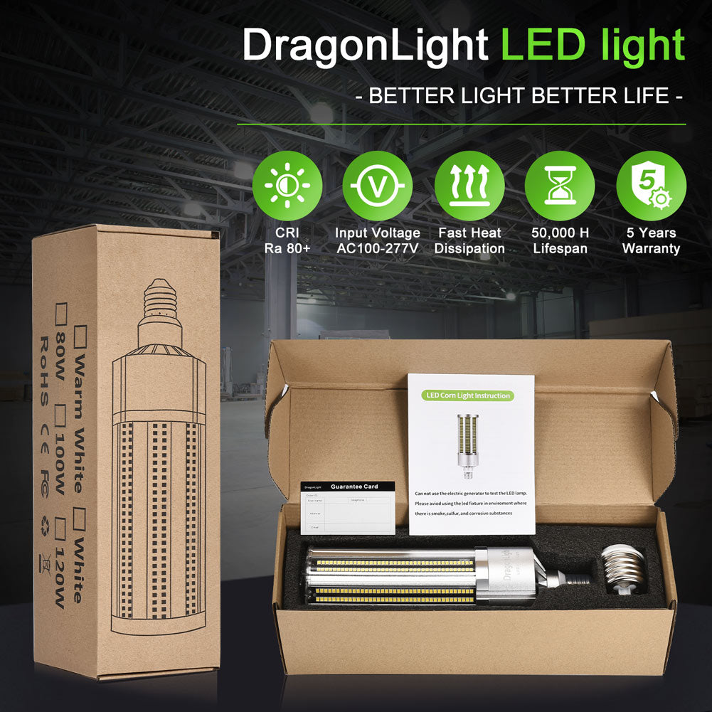 2025 Upgraded 120W Commercial Grade LED Corn Bulb Fanless 5000K Daylight E26/E39 Base 14,400LM - UL Listed
