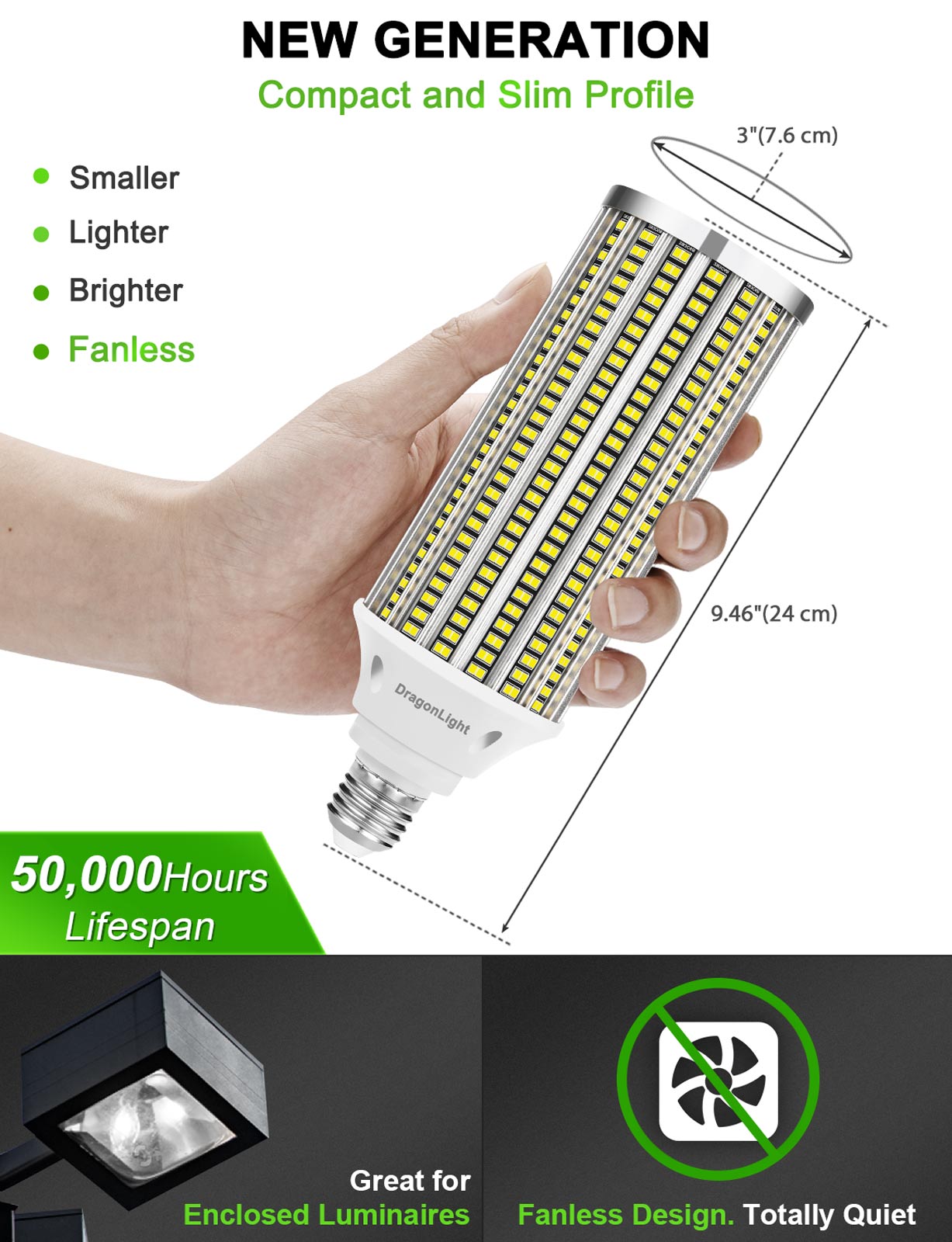 DragonLight 80W LED Corn Bulbs 5000K Daylight E26/E39 Base 9,600LM [Pack of 2]