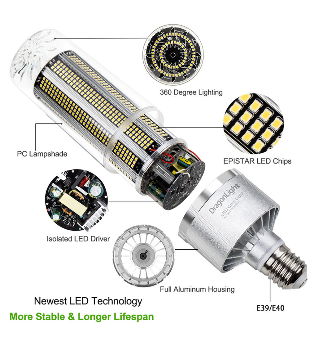 DragonLight 240W Commercial Grade LED Corn Bulb 5000K Daylight E39 Base 32,400LM - UL Listed