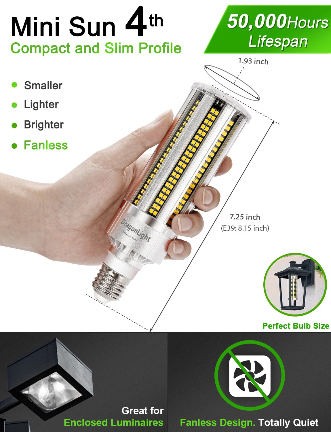 2025 Upgraded 60W LED Corn Bulb Fanless 6000K Daylight E26/E39 Base 7,200LM - UL Listed