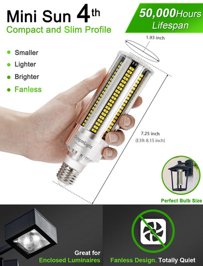 2025 Upgraded 60W LED Corn Bulb Fanless 6000K Daylight E26/E39 Base 7,200LM - UL Listed