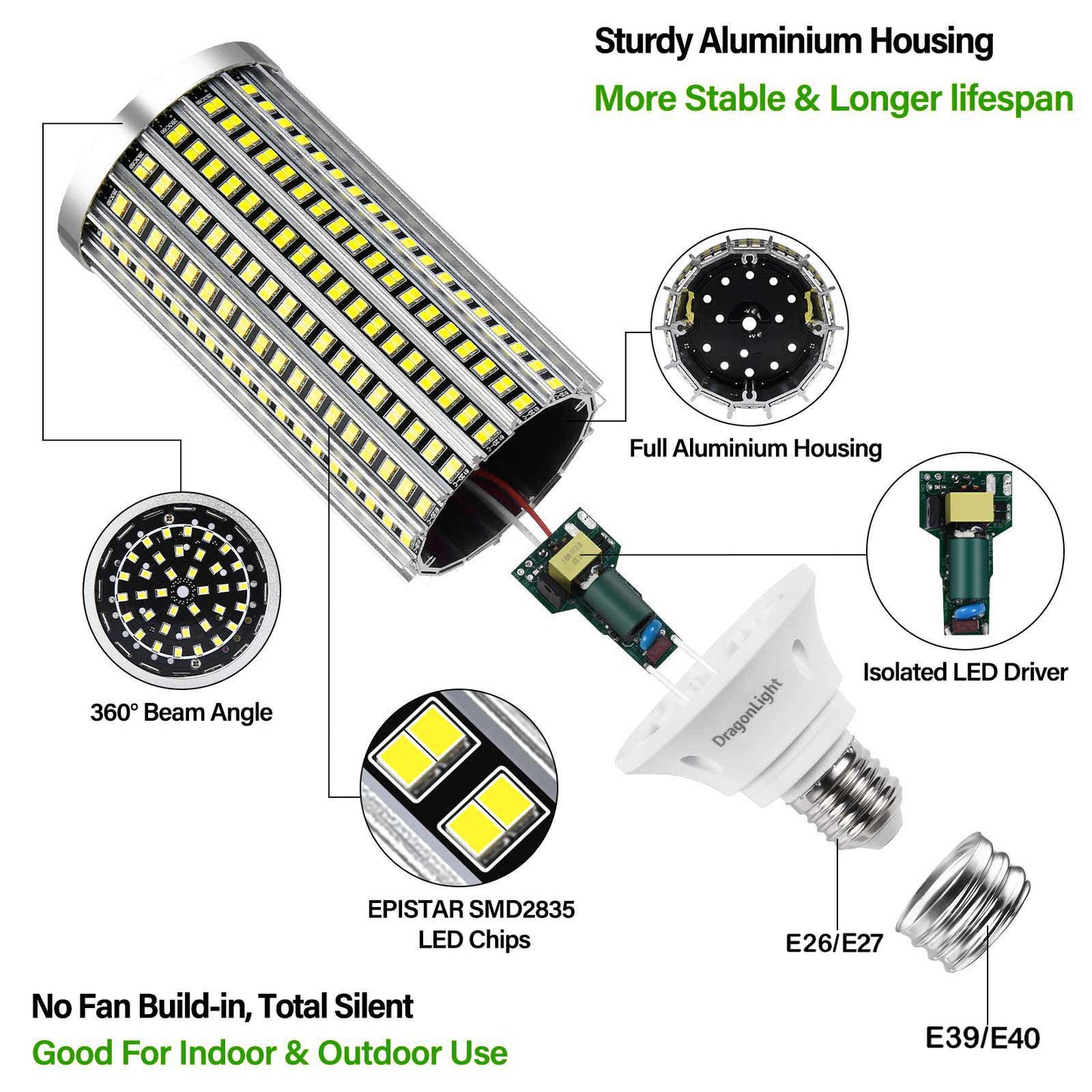 DragonLight 60W LED Corn Bulbs 6000K Daylight E26/E39 Base 7,200LM [Twin Value Pack]