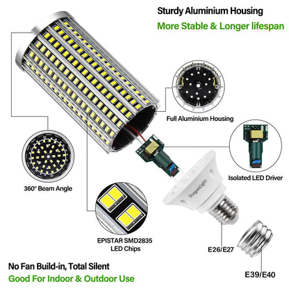 DragonLight 60W LED Corn Bulbs 6000K Daylight E26/E39 Base 7,200LM [Twin Value Pack]