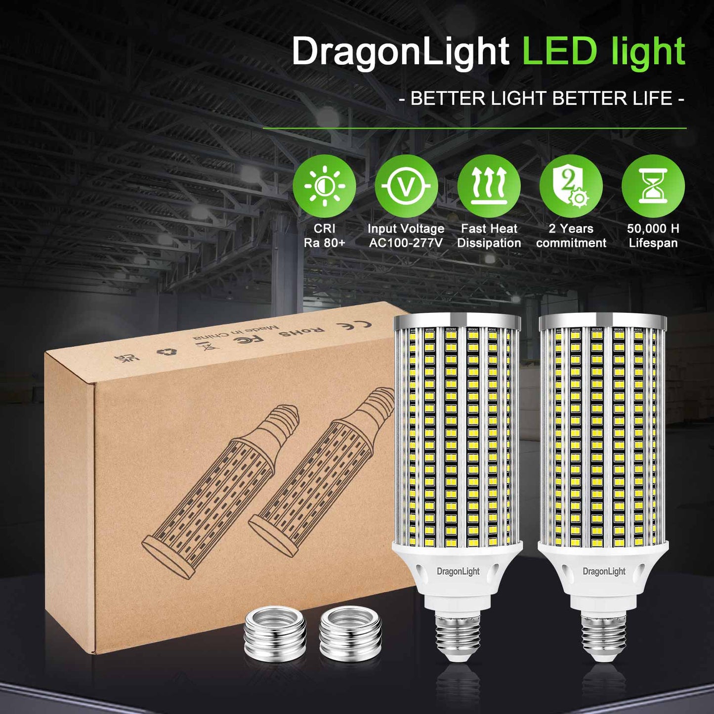 DragonLight 60W LED Corn Bulbs 6000K Daylight E26/E39 Base 7,200LM [Twin Value Pack]