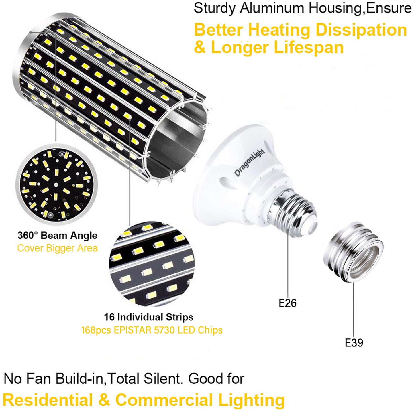 DragonLight 50W LED Corn Bulbs 6000K Daylight E26/E39 Base 5,000LM [Pack of 2]