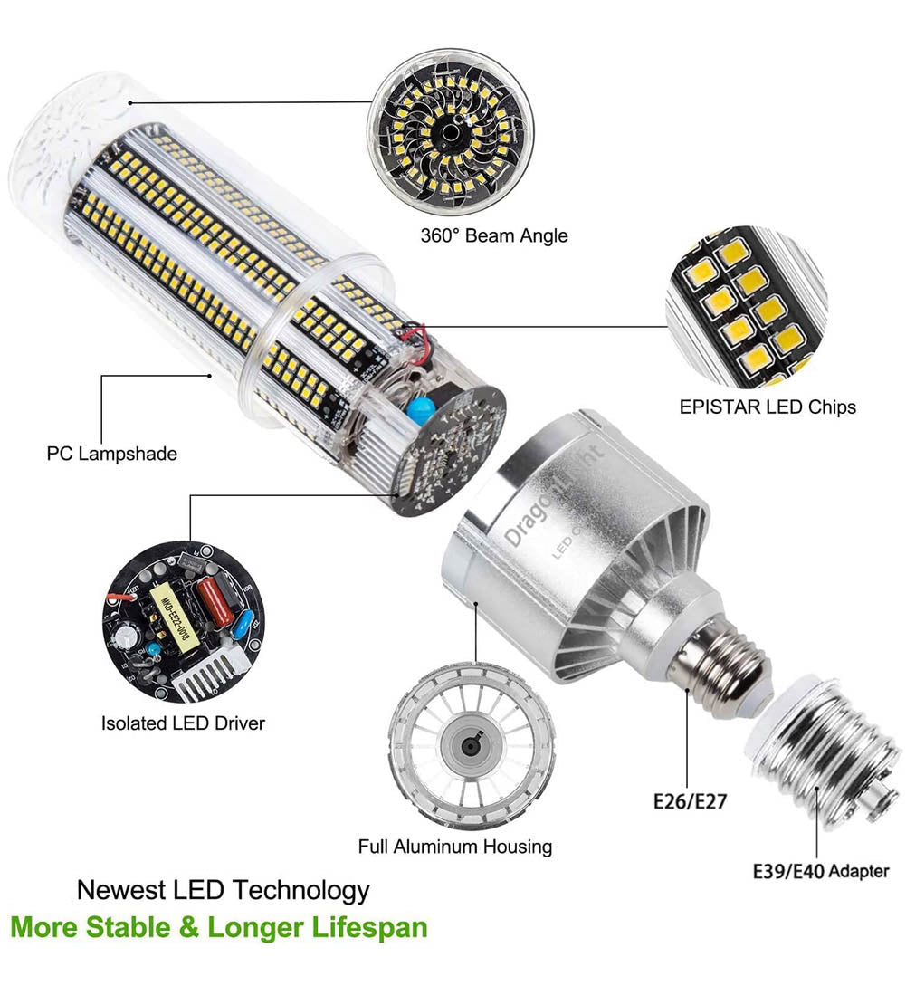 DragonLight 100W Commercial Grade LED Corn Bulb 5000K Daylight E26/E39 Base 12,000LM - UL Listed