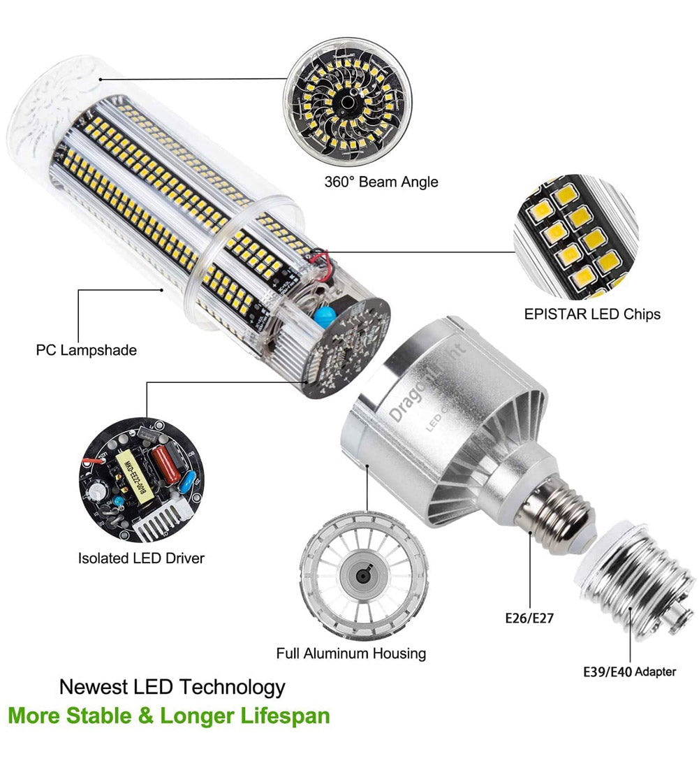 DragonLight 120W Commercial Grade LED Corn Bulb 4000K Neutral White E26/E39 Base 14,400LM - UL Listed
