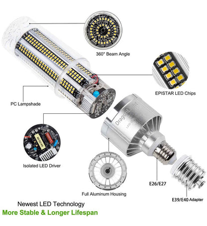 DragonLight 80W Commercial Grade LED Corn Bulb 3000K Warm White E26/E39 Base 9,600LM - UL Listed