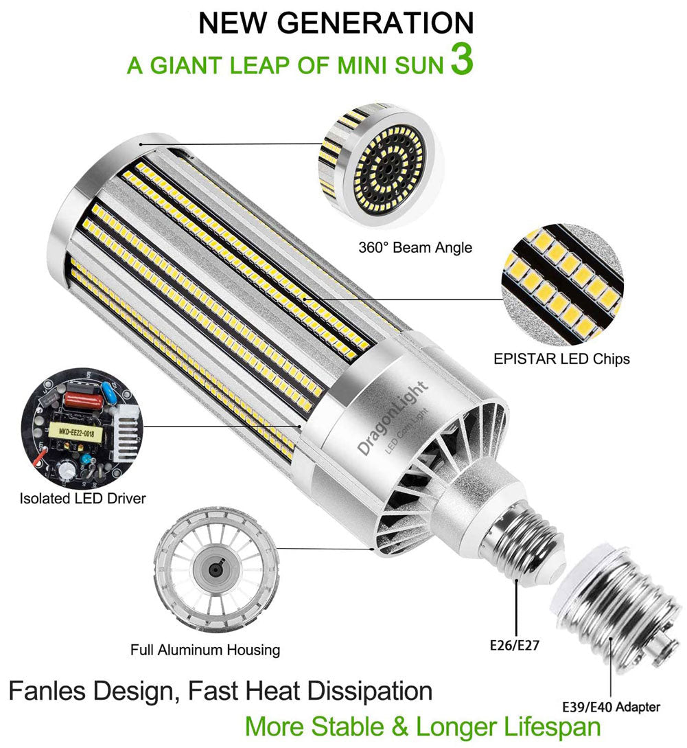 DragonLight 100W Commercial Grade LED Corn Bulb Fanless 3000K Warm White E26/E39 Base 12,500LM- UL Listed