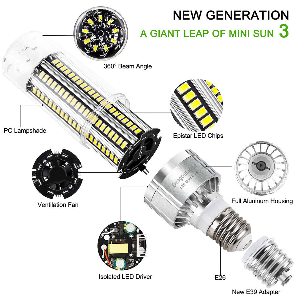 DragonLight 50W LED Corn Bulb 6000K Daylight E26/E39 Base 6,000LM - UL Listed