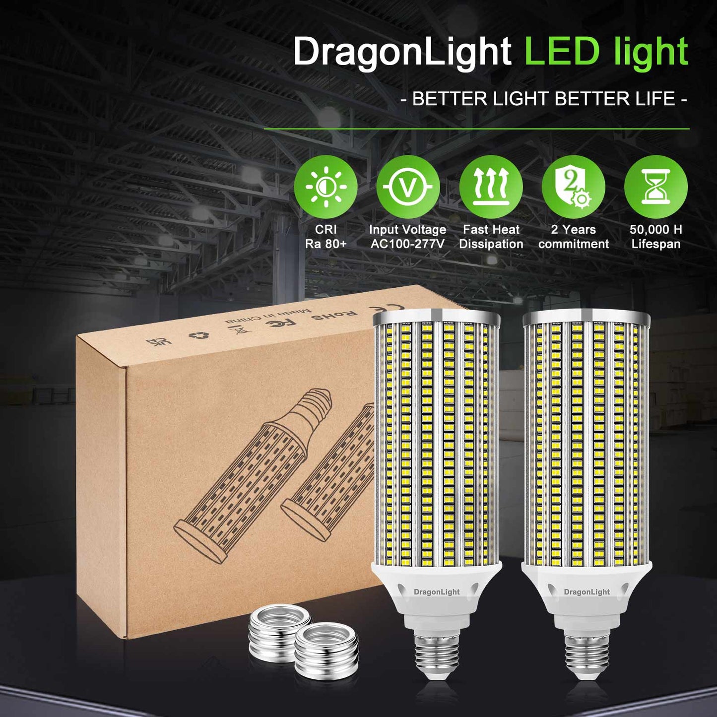 DragonLight 80W LED Corn Bulbs 5000K Daylight E26/E39 Base 9,600LM [Pack of 2]