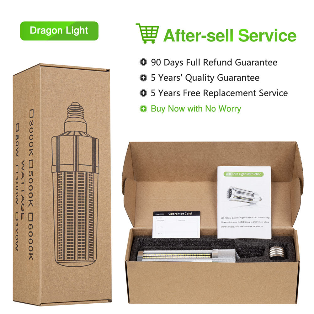DragonLight 80W Commercial Grade LED Corn Bulb Fanless 5000K Daylight E26/E39 Base 9,600LM - UL Listed