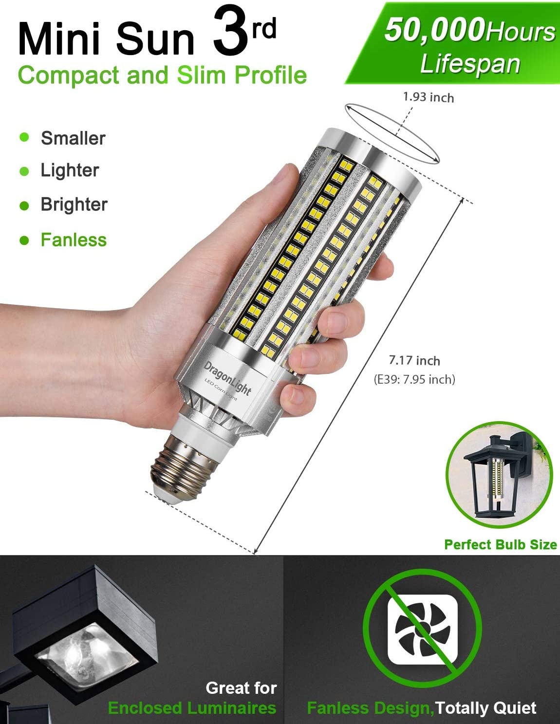 DragonLight 60W LED Corn Bulb Fanless 3000K Warm White E26/E39 Base 7,200LM for Street Lighting