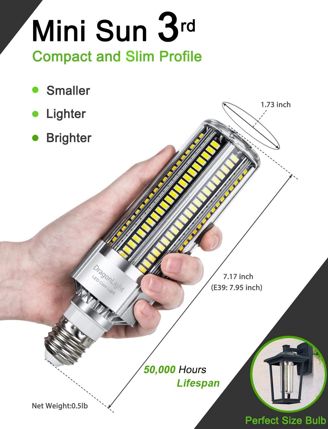 DragonLight 50W LED Corn Bulb 6000K Daylight E26/E39 Base 6,000LM - UL Listed