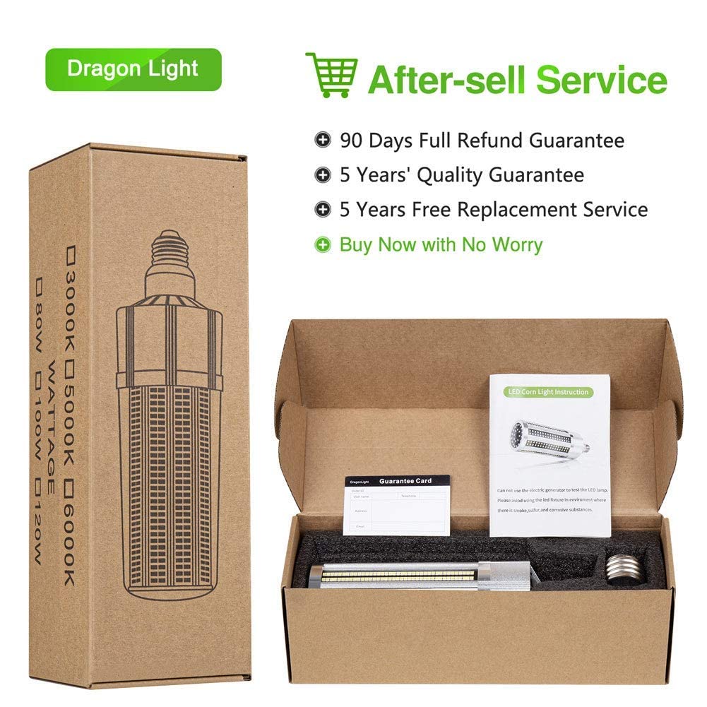 DragonLight 80W Commercial Grade LED Corn Bulb Fanless 3000K Warm White E26/E39 Base 9,600LM - UL Listed