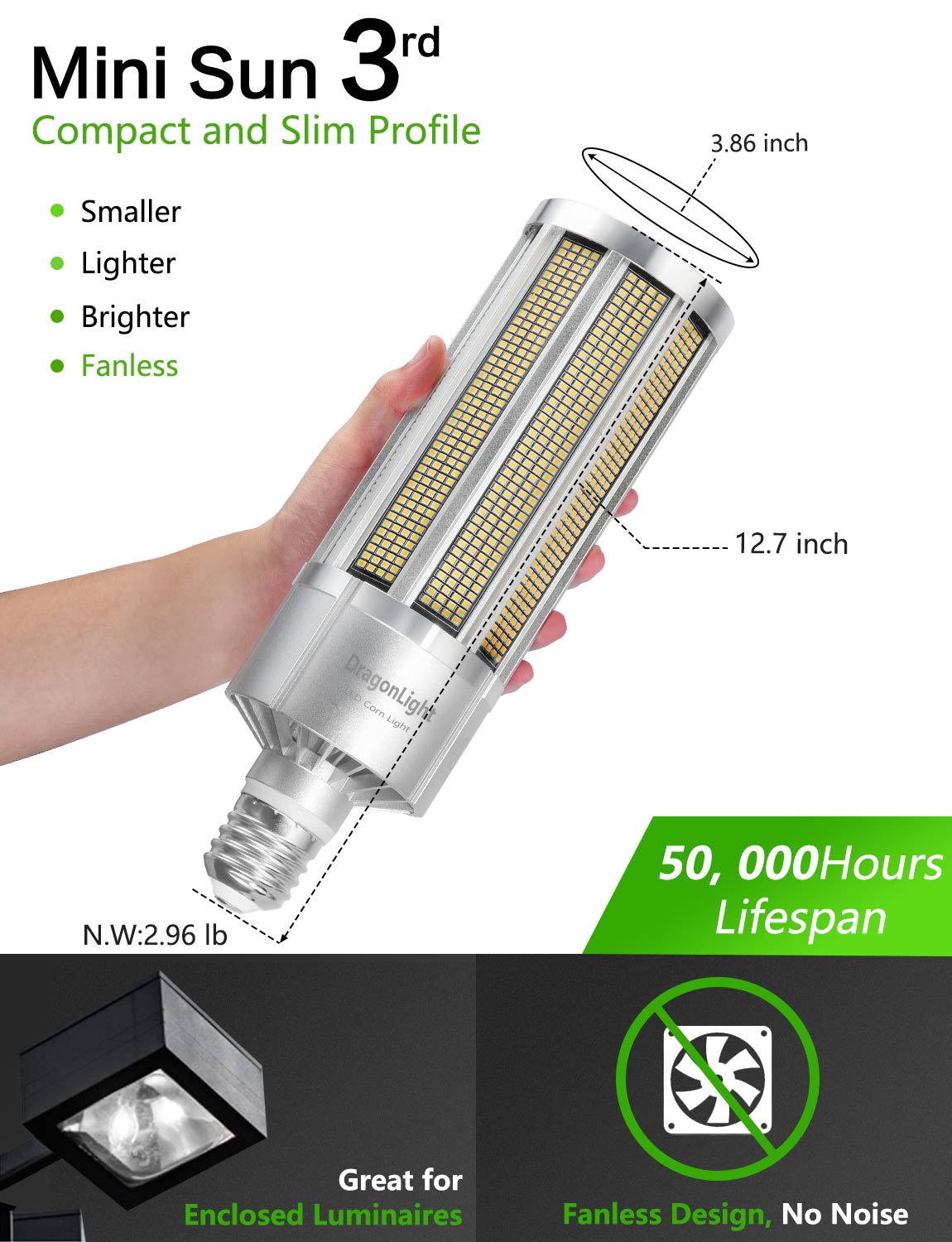 DragonLight 240W Commercial Grade LED Corn Bulb Fanless 5000K Daylight E39 Base 32,400LM - UL Listed