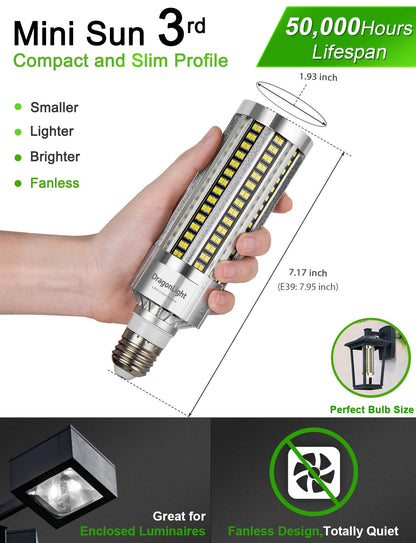 DragonLight 25W LED Corn Light Bulb Fanless 6000K Daylight E26/E39 Base 3,000LM - UL Listed