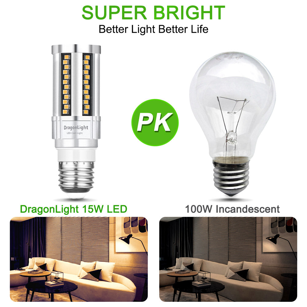 DragonLight 15W LED Corn Bulbs Fanless 6000K Daylight E26 Base 1800LM [Pack of 4] - UL listed
